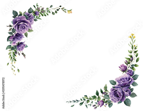 Vector watercolor flower border.Spring purple roses flower frame with leaves,yellow grass flowers. Cards,invitations,decorative border wreath.Wedding, mother's day,valentine's day,Women's Day,friendly