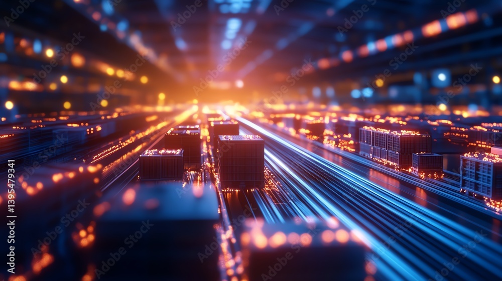 Futuristic view of illuminated shipping containers and lights. Futuristic view of illuminated shipping containers and lights.