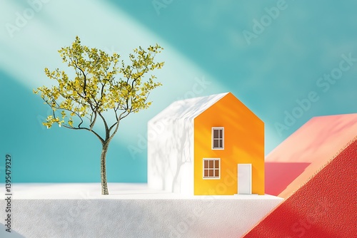 Colorful miniature house and tree model showcasing minimalist design within a peaceful setting.