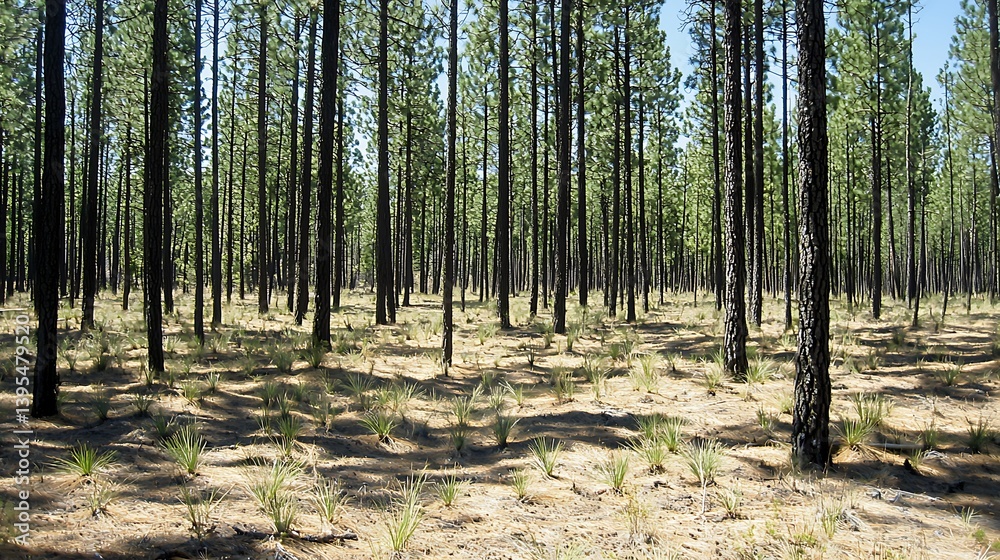 Sunlit pine forest with sparse undergrowth. Sunlit pine forest with sparse undergrowth.
