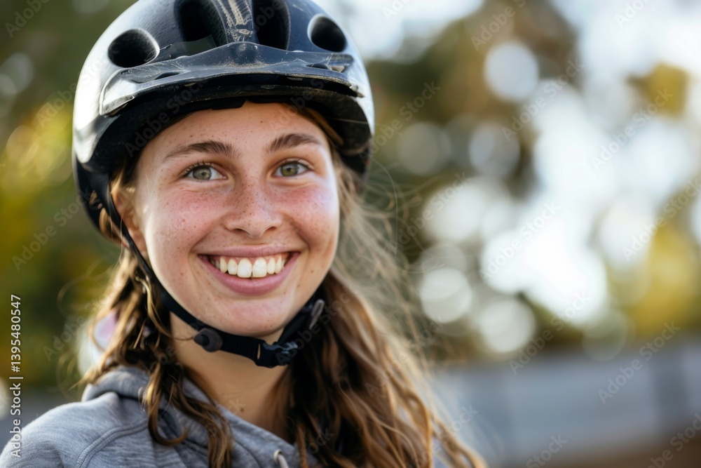 Smiling Caucasian girl with bicycle helmet portrait Smiling Caucasian girl with bicycle helmet portrait