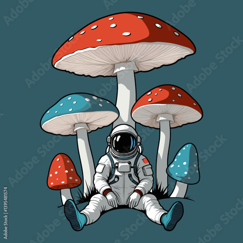 Astronaut takes a break relaxing near colorful mushrooms, a humorous poster print for clothing, conveying a sense of cosmic travel and space exploration