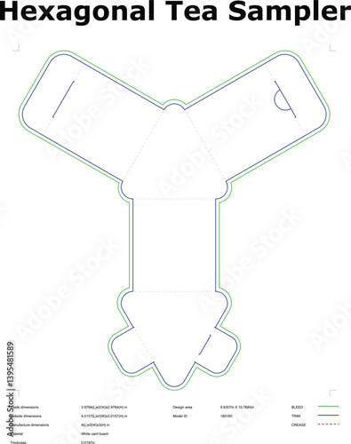 Hexagonal Tea Sampler Packaging Template With Bleed Trim And Crease Lines Ready For Die Cutting And Production Perfect For Tea Brands