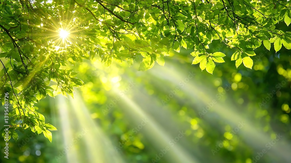 Sunbeams shining through lush green leaves. Sunbeams shining through lush green leaves.