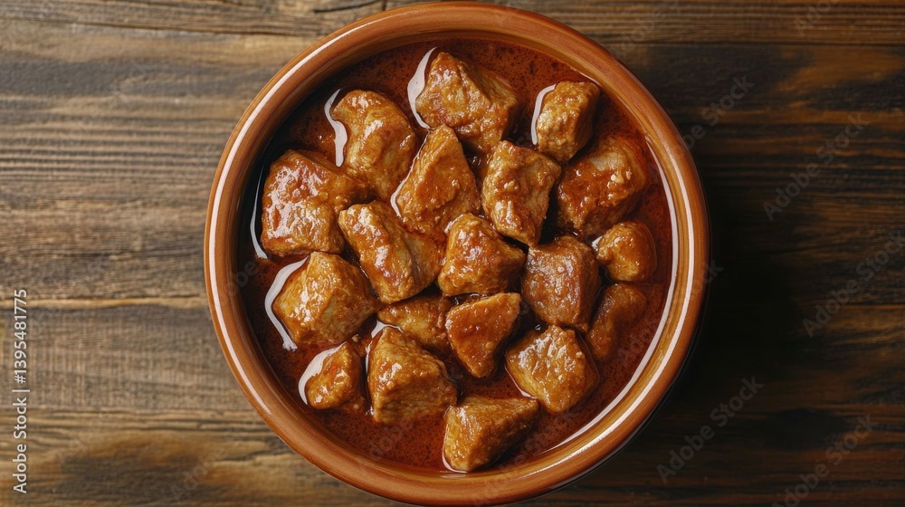Tender Meat Pieces in Rich Sauce Served in Brown Bowl on Wooden Table Tender Meat Pieces in Rich Sauce Served in Brown Bowl on Wooden Table