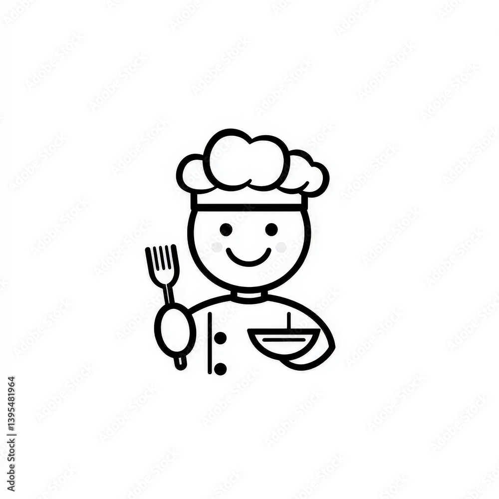 Minimalist cartoon chef icon with hat, fork, and bowl in hand, outlined on white background, symbolizing culinary expertise and charm. Perfect for menus, foodie branding, and kitchen-themed designs. Minimalist cartoon chef icon with hat, fork, and bowl in hand, outlined on white background, symbolizing culinary expertise and charm. Perfect for menus, foodie branding, and kitchen-themed designs.