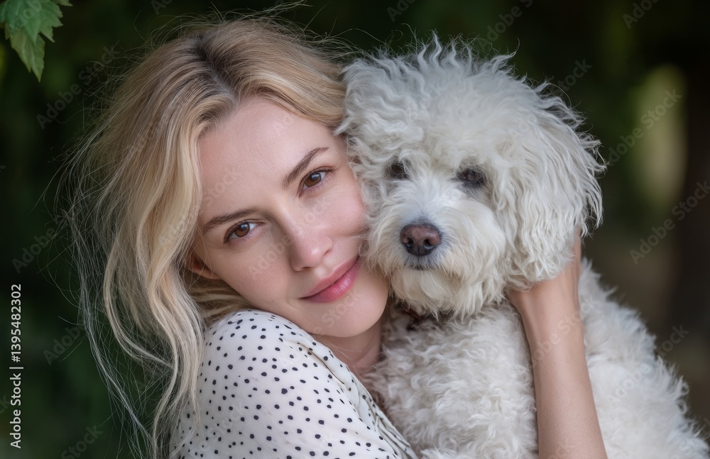 Happy blonde woman hugging Bichon Frise dog in summer garden