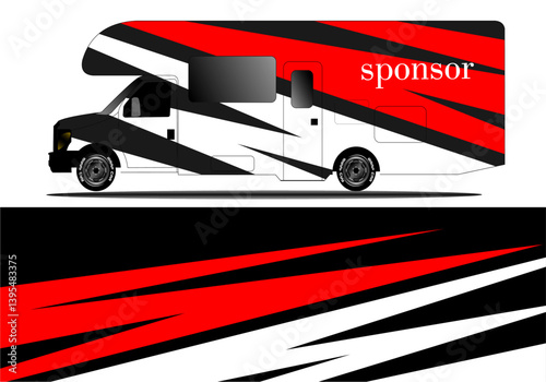 Sleek, modern RV design featuring bold red and black stripes with a sponsor logo, ideal for promotional use