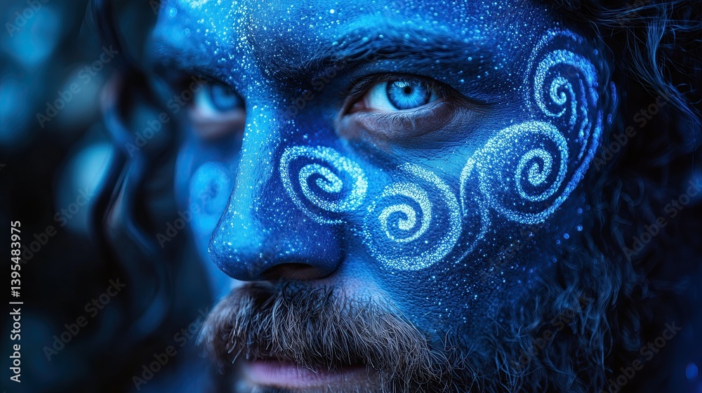Matariki Day, mystical blue face design blended with vibrant cosmic patterns and swirling galaxies Matariki Day, mystical blue face design blended with vibrant cosmic patterns and swirling galaxies