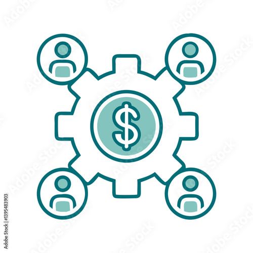 Wealth management icon with people and dollar symbol in gear  