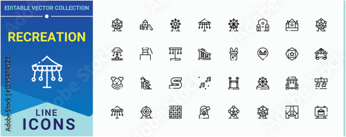 Recreation vector icon set. Pack of carnival, entertainment, fun, park and more. Amusement modern icon set. Thin line icons set. Editable vector.