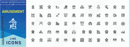Amusement icon set. Pack of park, entertainment, games, carnival, recreation and more. Modern icons collection. Fun vector icon set. Editable stroke. Vector illustration.