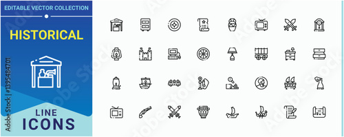 Historical line icon. Contain linear symbols exhibition, antiquity, art, old, archaeologic, heritage and more. Antiques modern icon. Minimalist icons collection. Editable stroke. Pixel Perfect.