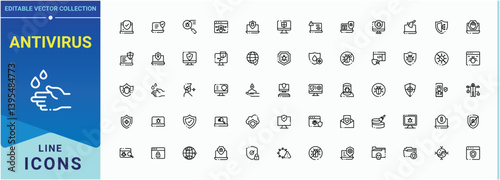Antivirus vector line icon set. Contains such icons as cyber, anti, software, safety, protection, security and more. Thin outline icons pack. Safe simple icon set. Editable vector art.