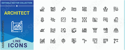 Architect vector icon set. Architectural linear icon collection. Drawing ui icons set in a thin style. Set of line pictogram. Editable stroke collections.