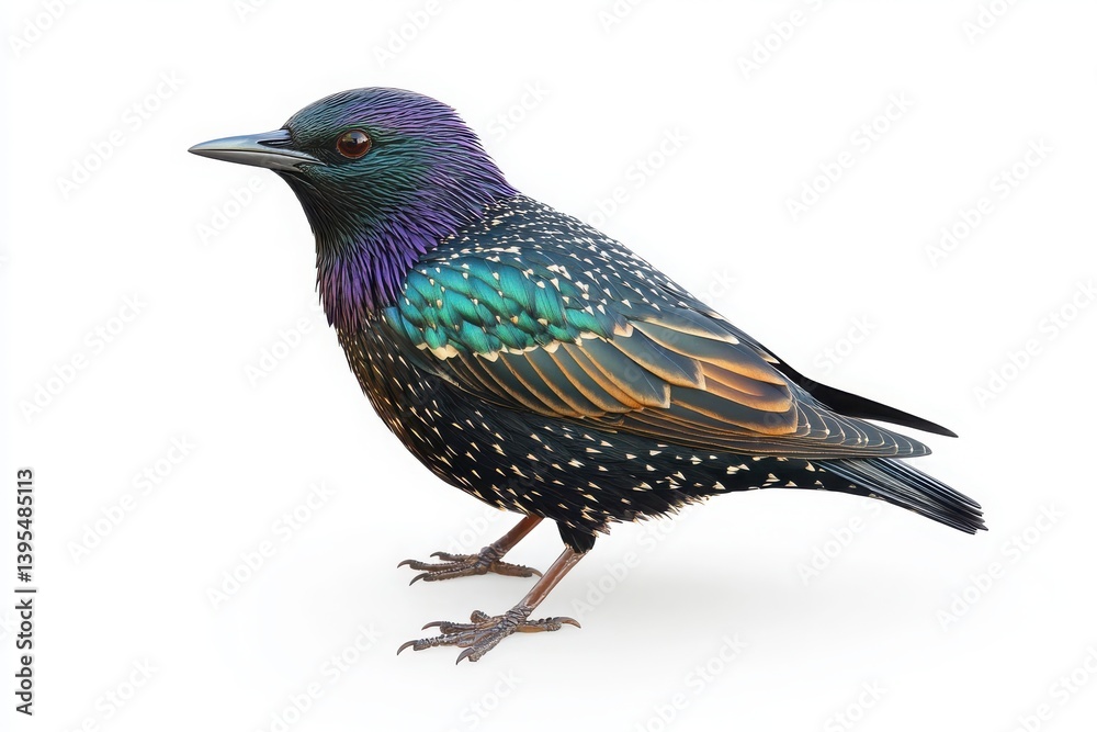 A colorful european starling bird standing on a white surface looking to the left side of the frame A colorful european starling bird standing on a white surface looking to the left side of the frame