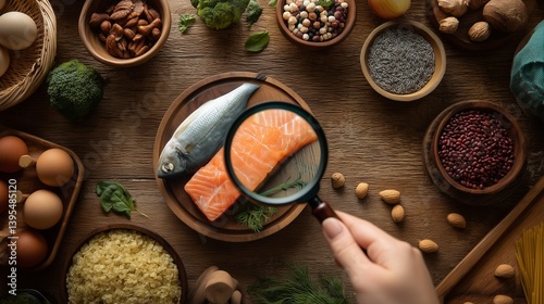 A hand holds a magnifying glass over a bowl of various foods. The wooden background adds warmth and authenticity. This image symbolizes the meticulous care needed in food safety, highlighting an even