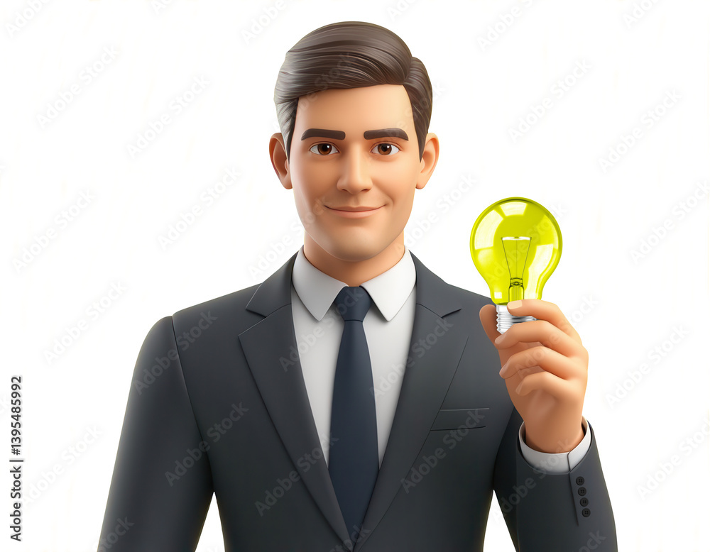Businessman holding glowing light bulb on transparent background. Symbolizing creative business idea and innovative thinking concept. Modern 3D render illustration with copy space. Businessman holding glowing light bulb on transparent background. Symbolizing creative business idea and innovative thinking concept. Modern 3D render illustration with copy space.