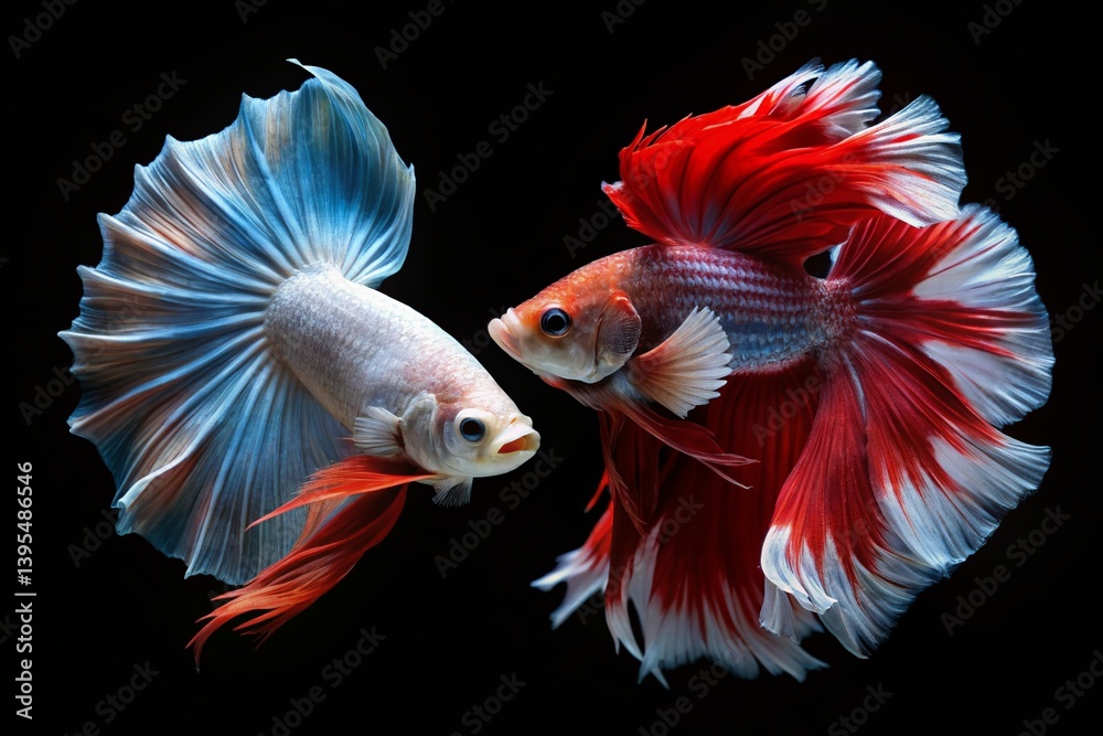 Fototapeta premium Fiery Red & White Siamese Fighting Fish Duel on Black Background - Stock Photo