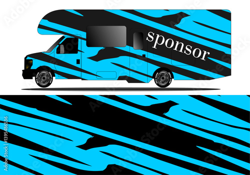 Colorful camper van with abstract design parked against a white background, showcasing vibrant graphics