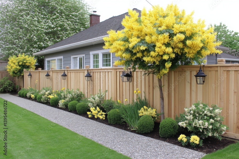 Naklejka premium A backyard garden corner with a healthy Mahonia aquifolium bush in bloom