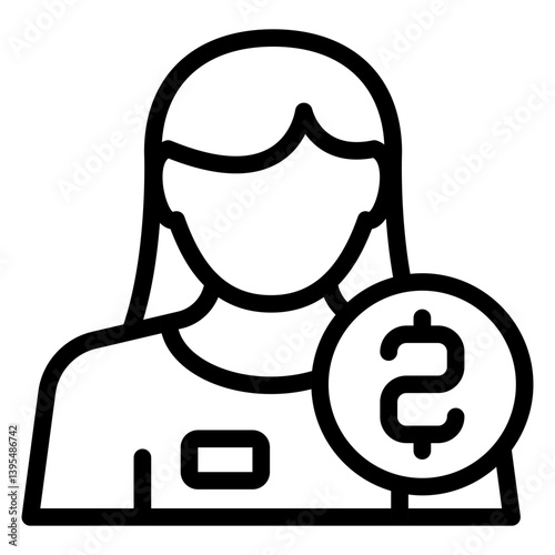 Employee woman with coin line icon, financial advice concept. Vector graphics. Young woman, manager sign on white background, style mobile or design.