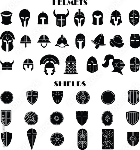 Big set of icons of medieval armor, black and white