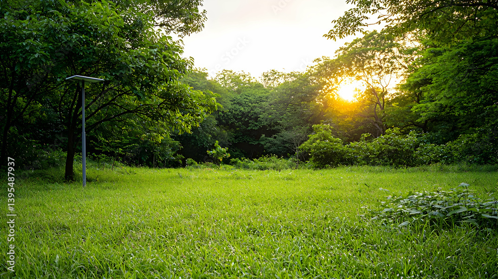Fototapeta premium Sunset Meadow Park Landscape With Trees And Grass