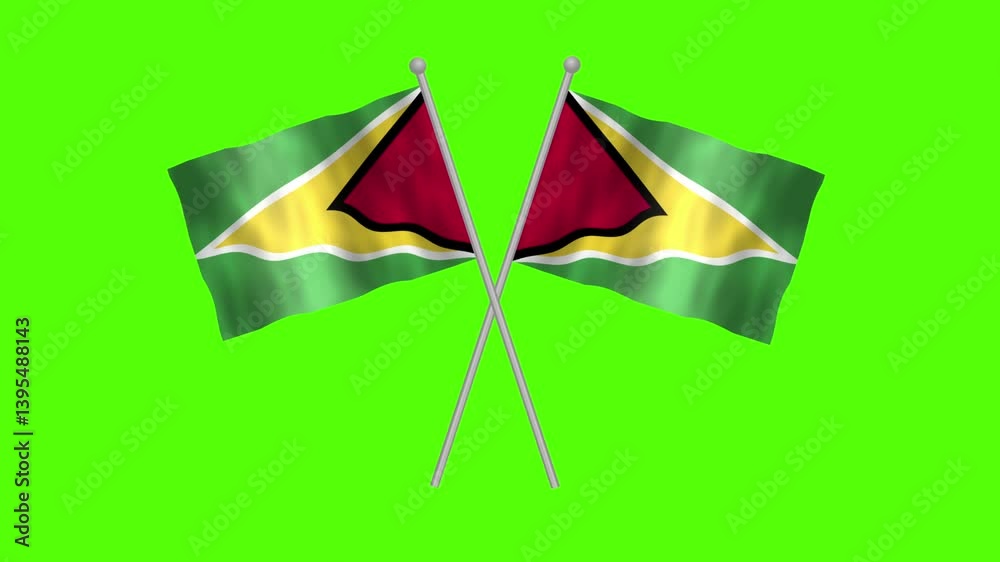 Flag of Guyana, Cross table flag of Guyana on Green screen chroma key, Guyana 3D Animation flag waving in the wind isolated on Green Background. 
