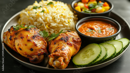 Indian Thali with Tandoori Chicken, Rice, Vegetable Curry, Sauce and Cucumbers