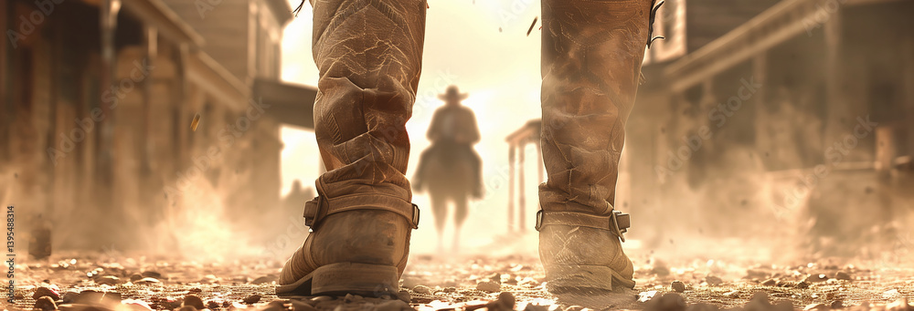 a Western gunfight at the moment when the duelists have just drawn their guns, The framing captures the scene from a low angle, positioned between the legs