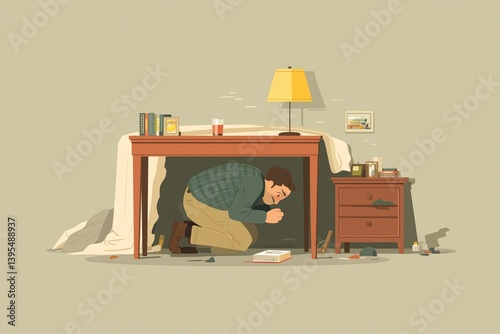 an earthquake safety drill, showing a person crouching under a desk in a bedroom. They shield their heads with both hands while keeping close to the desk legs. The room has a bed, nightstand, and sca
