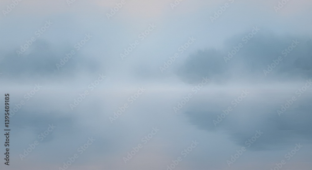 Fototapeta premium Serene Misty Lake at Dawn with Soft Reflections and Tranquil Nature Surroundings