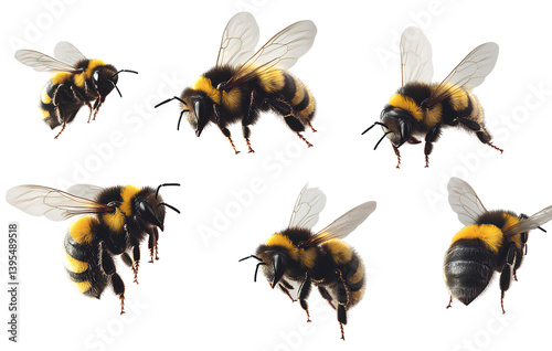 Realistic photo of bumblebees flying, transparent background