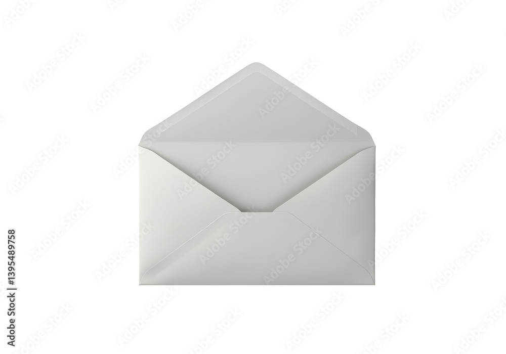A floating envelope with seal flap open, horizontally aligned, on a solid white background A floating envelope with seal flap open, horizontally aligned, on a solid white background
