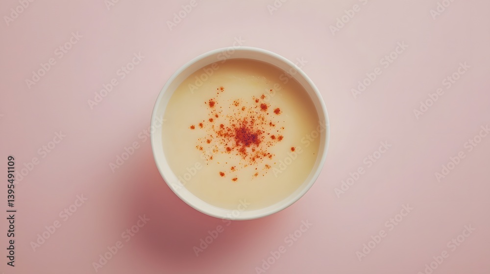 Creamy soup with spices in white bowl on pink background Creamy soup with spices in white bowl on pink background
