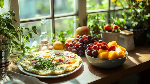 Fresh Breakfast Scene with Eggs, Fruits, and Greenery by Window