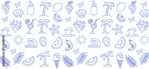 Set of hand drawn summer doodle borders and dividers, blue line art collection featuring tropical beach icons like palm trees, shells, sun, waves, cocktails for page design