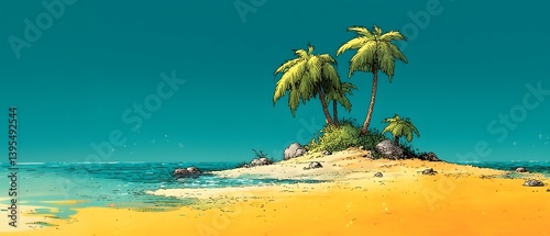 Beautiful lonely tropical island scene featuring a small sandy beach with palm trees, surrounded by clear blue water and a bright sky. The landscape is vibrant and inviting, colored illustration. 