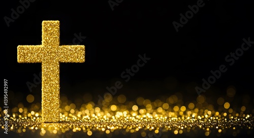 ai image showcases a radiant golden glitter Christian cross standing on sparkling particles with beautiful bokeh lights against a plain black background.