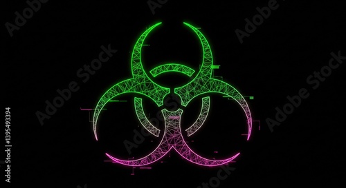 Abstract biohazard symbol glowing in neon colors against a dark background