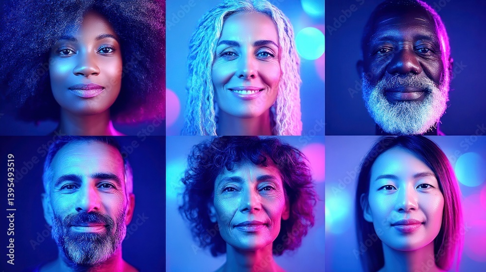 Fototapeta premium Six individuals of various ethnicities are beautifully highlighted in a studio with bold neon lighting.