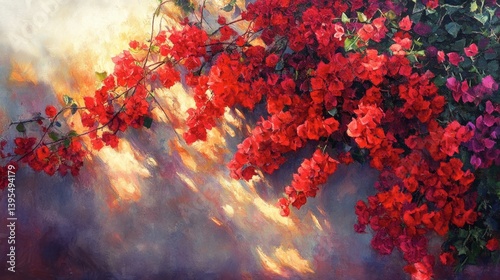 Vibrant Red Bougainvillea Blooms Against Soft Abstract Background