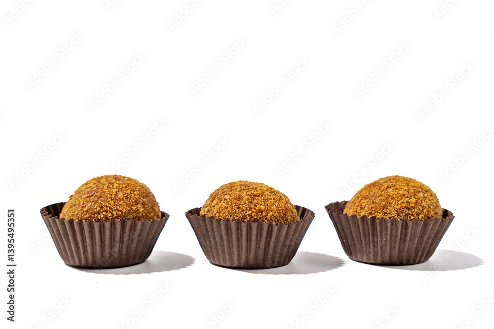 Three small brown pastries in paper cups. They are sitting on a white background. The pastries are in the middle of the image Three small brown pastries in paper cups. They are sitting on a white background. The pastries are in the middle of the image