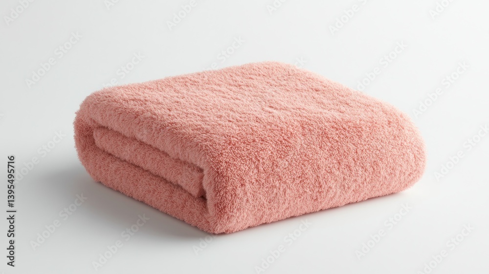Soft, folded pink towel on a white background, showcasing its fluffy texture. Soft, folded pink towel on a white background, showcasing its fluffy texture.