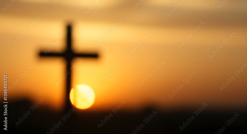 Naklejka premium AI image depicting a blurred cross silhouetted against a golden sunset, creating a sense of mystery, faith, and divine presence.