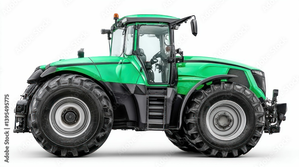 Obraz premium A striking, bright green tractor, isolated on white, ready for agricultural work and field operations.