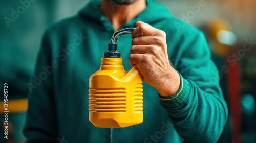 A focused shot of a man's hand holding a yellow oil can, ready to dispense the lubricant.