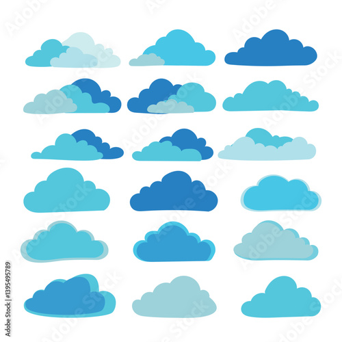 Vector collection of cartoon clouds in various blue shades. The set features multiple cloud shapes with a soft, rounded style.