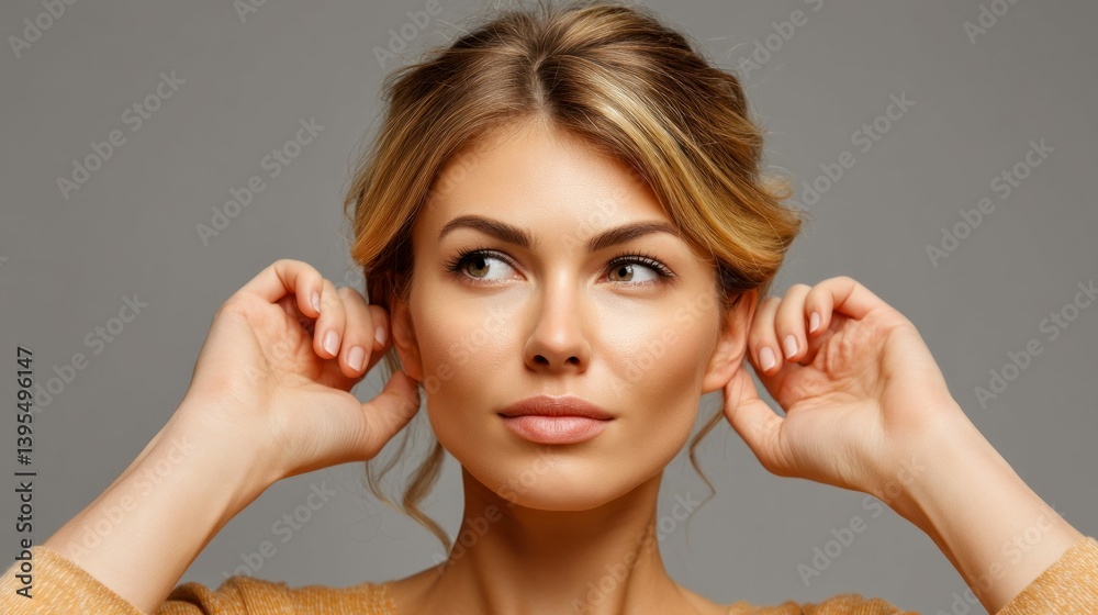 Beautiful woman gently touching her ears, showcasing elegant hands and subtle makeup on a neutral backdrop. Beautiful woman gently touching her ears, showcasing elegant hands and subtle makeup on a neutral backdrop.